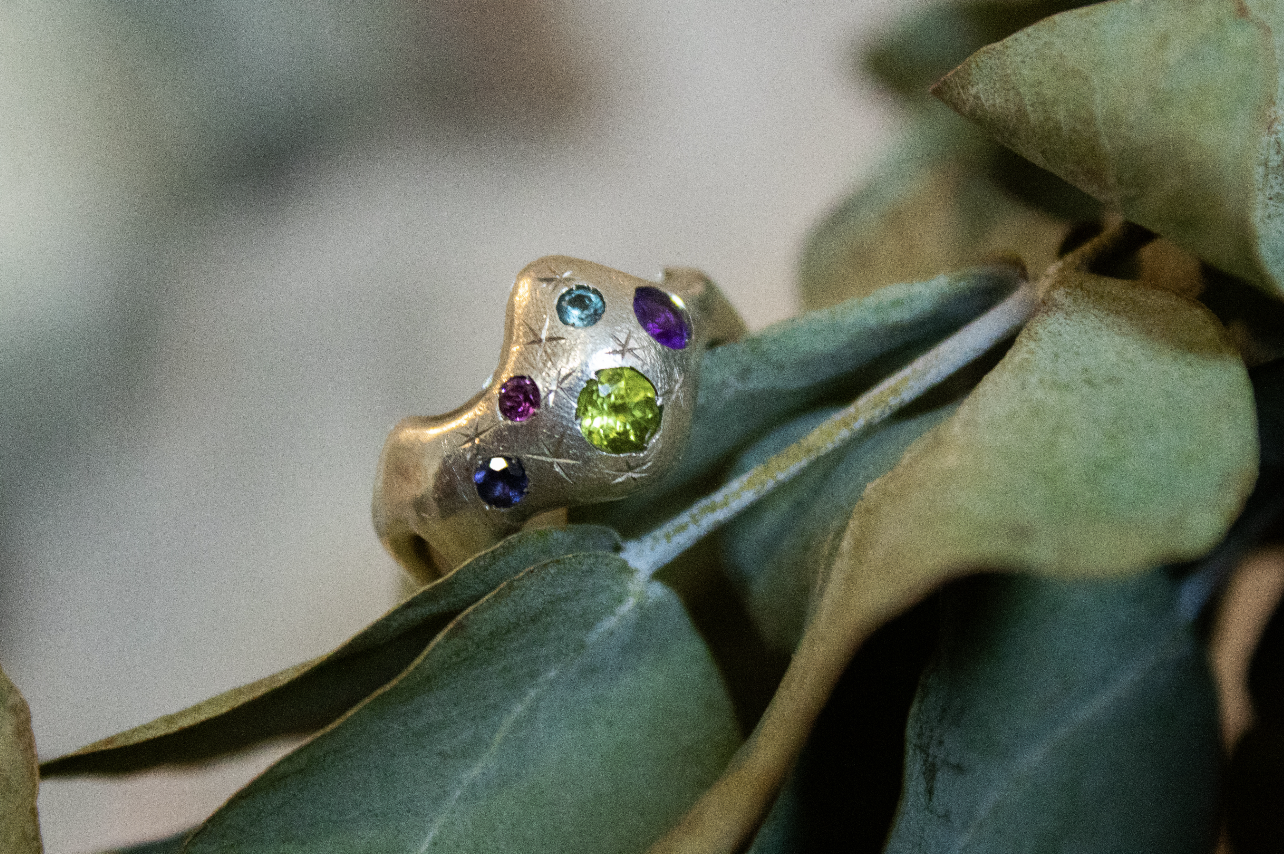 Transmute. Organic ring with gems