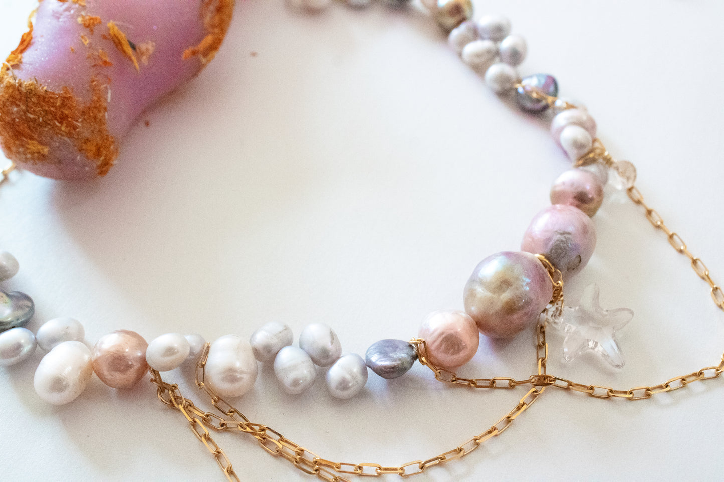 Aphrodite. Necklace with pearls, Swarovski and shell pendant.