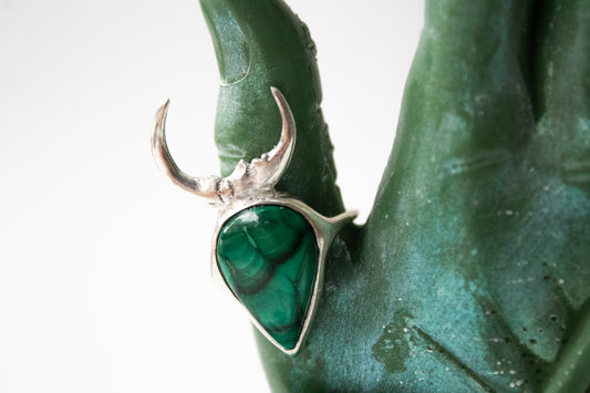 Moon. Silver ring with green cabochon malachite